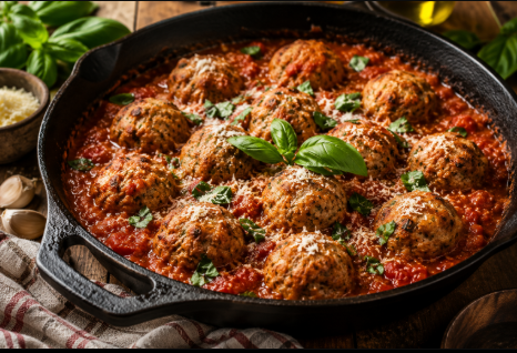 "Baked chicken meatballs simmering in tomato sauce"
