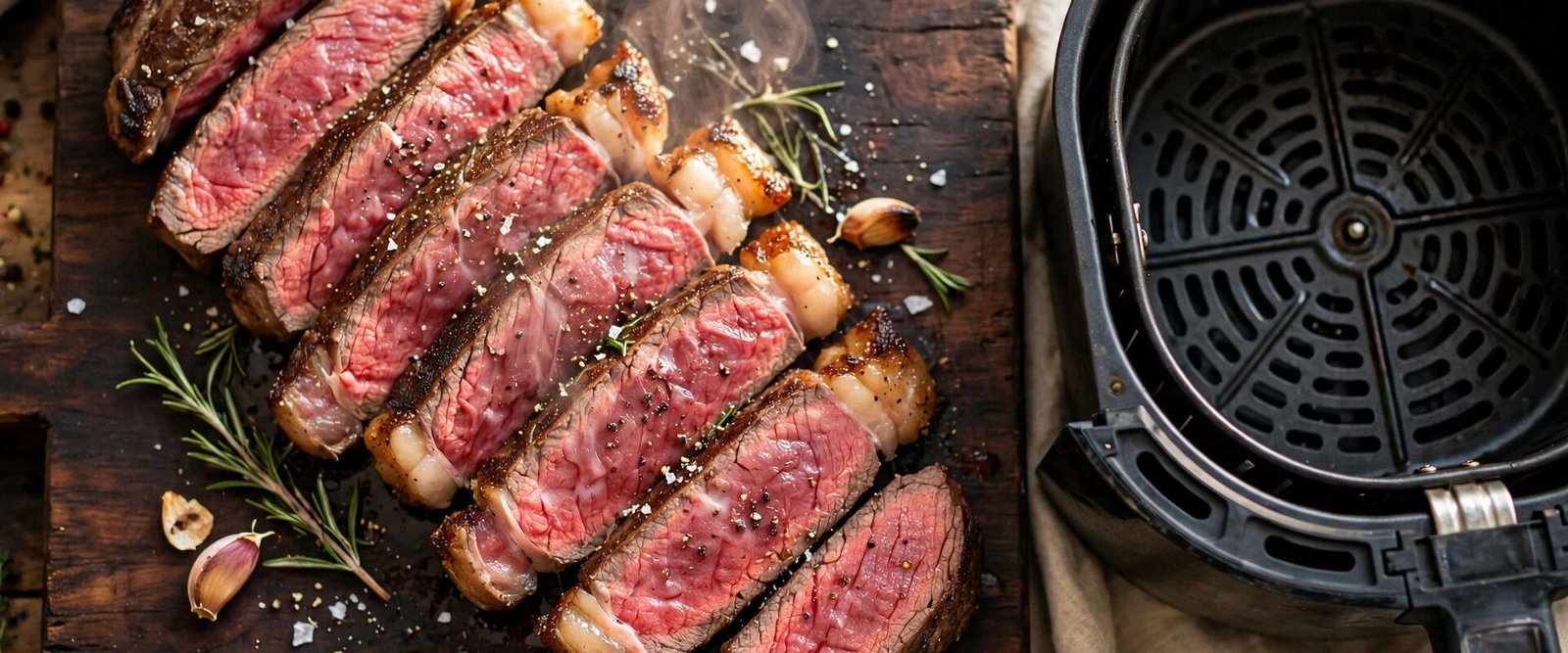 How to cook steak in air fryer: sliced medium rare ribeye with seared crust