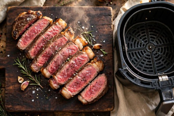 How to cook steak in air fryer: sliced medium rare ribeye with seared crust