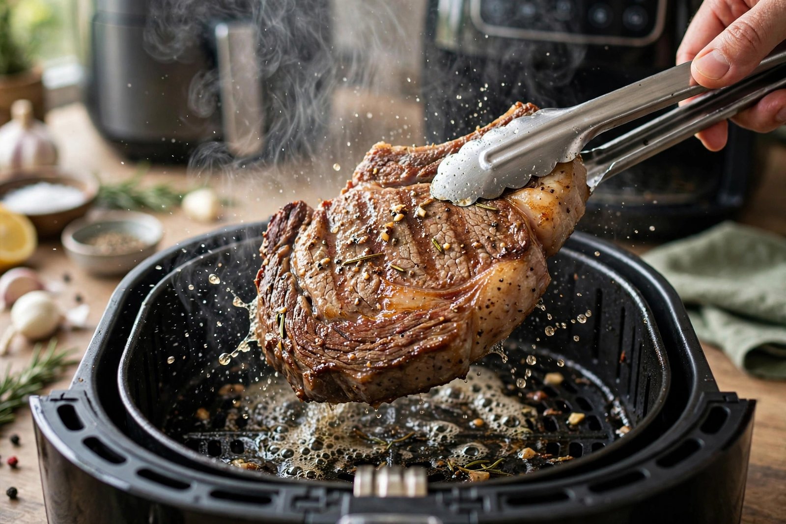 How to cook steak in air fryer: ribeye sizzling in the air fryer basket
