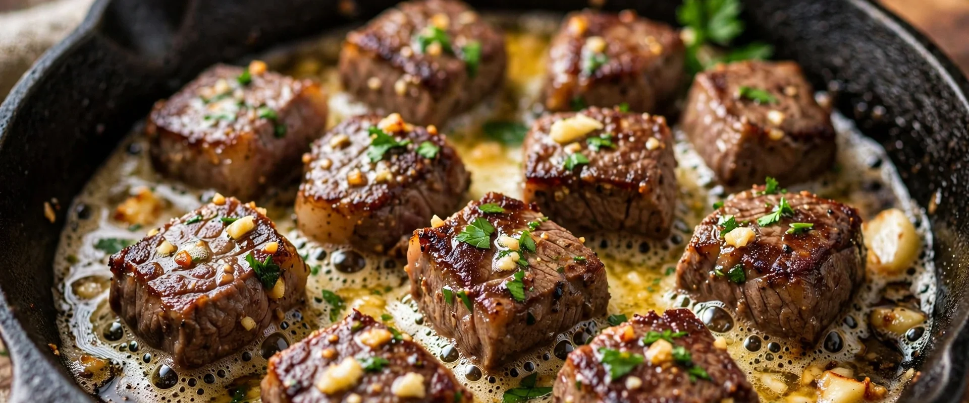 garlic butter steak bites in a cast iron skillet