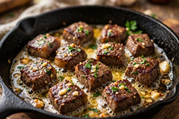 garlic butter steak bites in a cast iron skillet