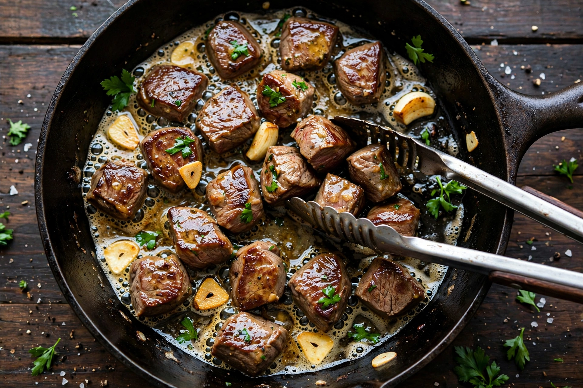 tossing garlic butter steak bites in a skillet