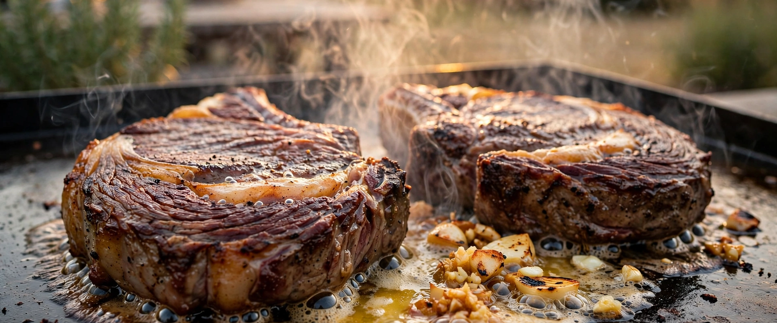 How to cook steak on Blackstone: steaks searing on a Blackstone griddle
