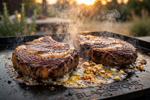 How to cook steak on Blackstone: steaks searing on a Blackstone griddle