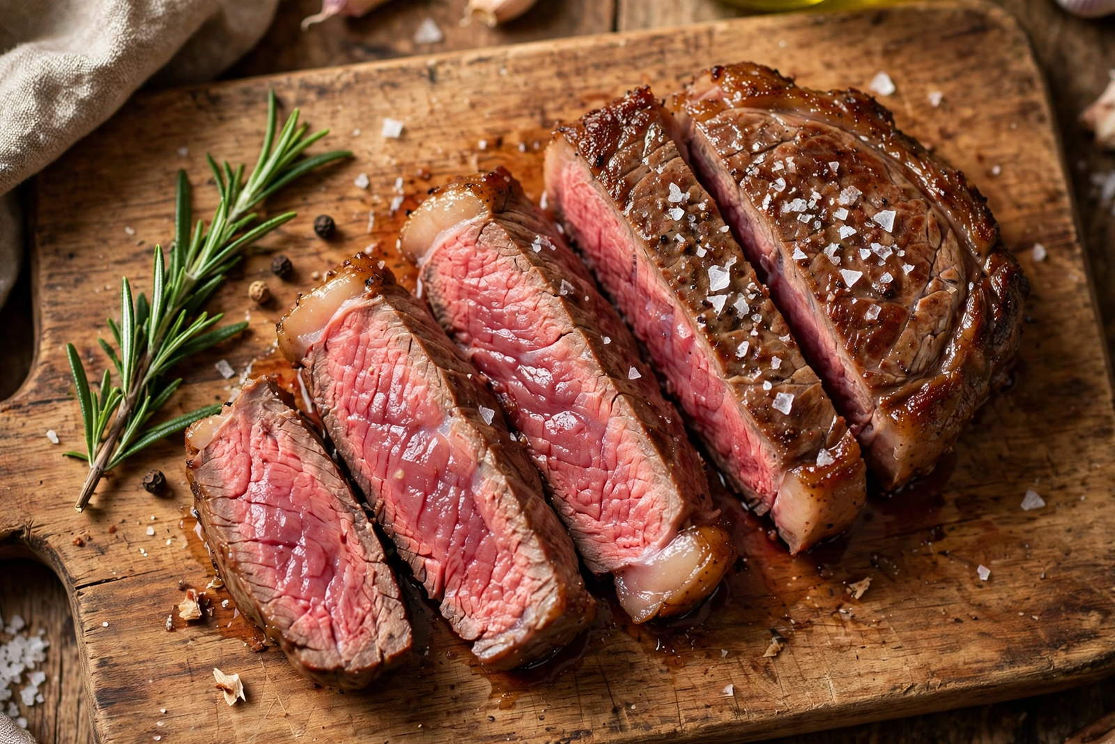 How to cook steak on Blackstone: sliced medium rare steak on a cutting board