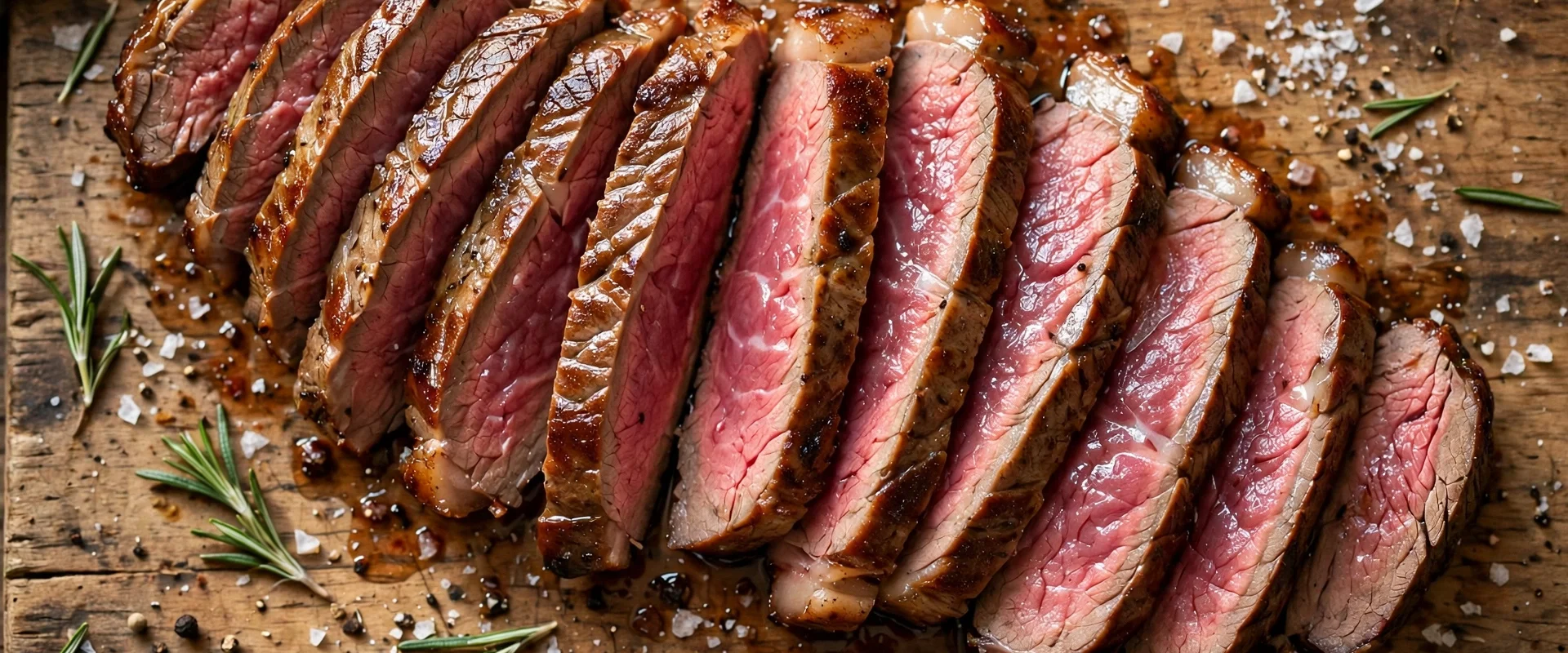 how to cook a flank steak in the oven: sliced medium rare flank steak fanned on a wooden board