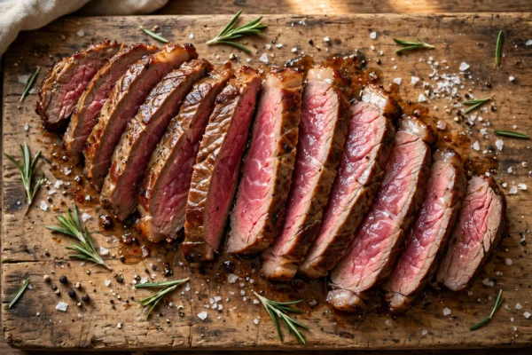 how to cook a flank steak in the oven: sliced medium rare flank steak fanned on a wooden board
