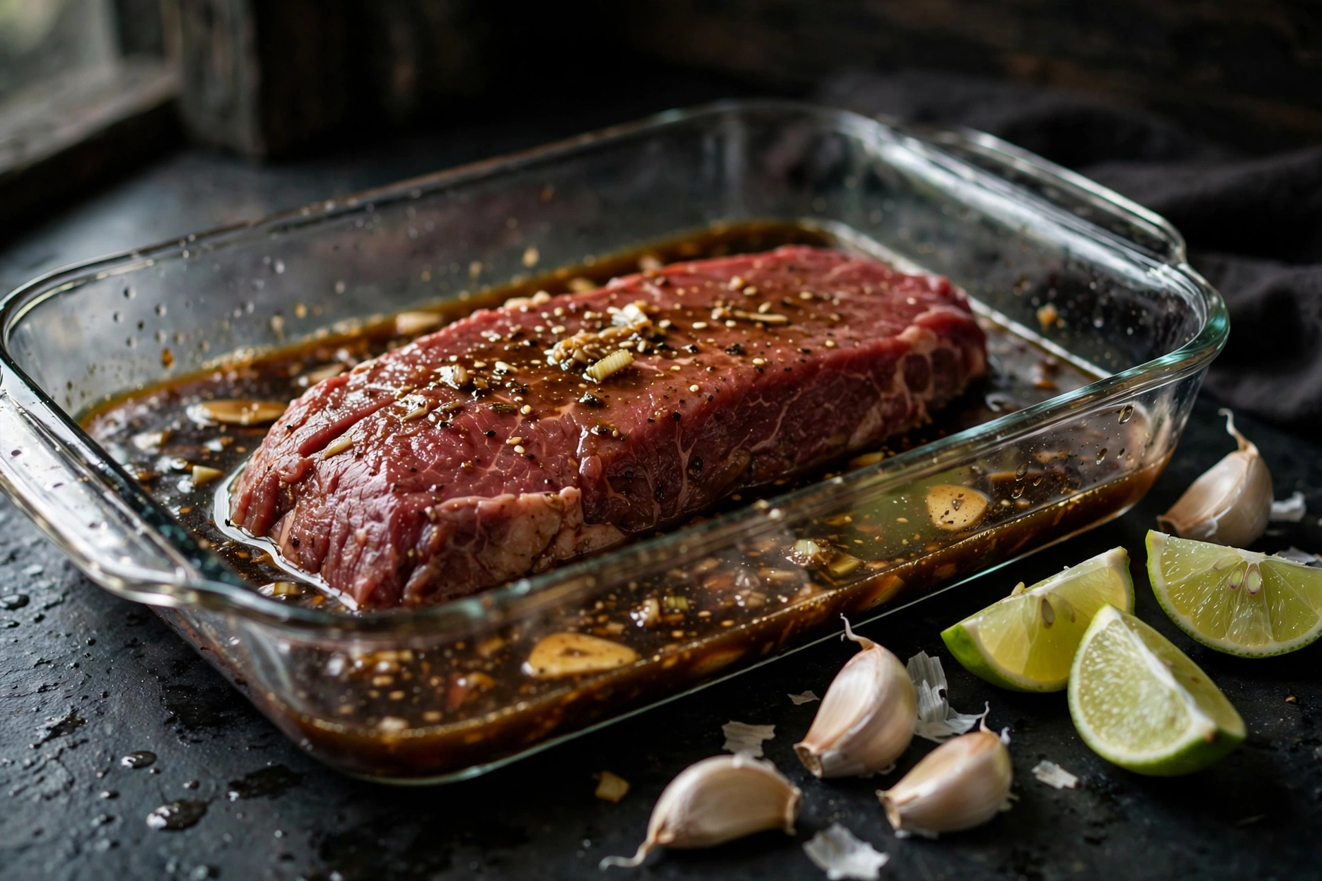 how to cook a flank steak in the oven: raw flank steak marinating in soy marinade