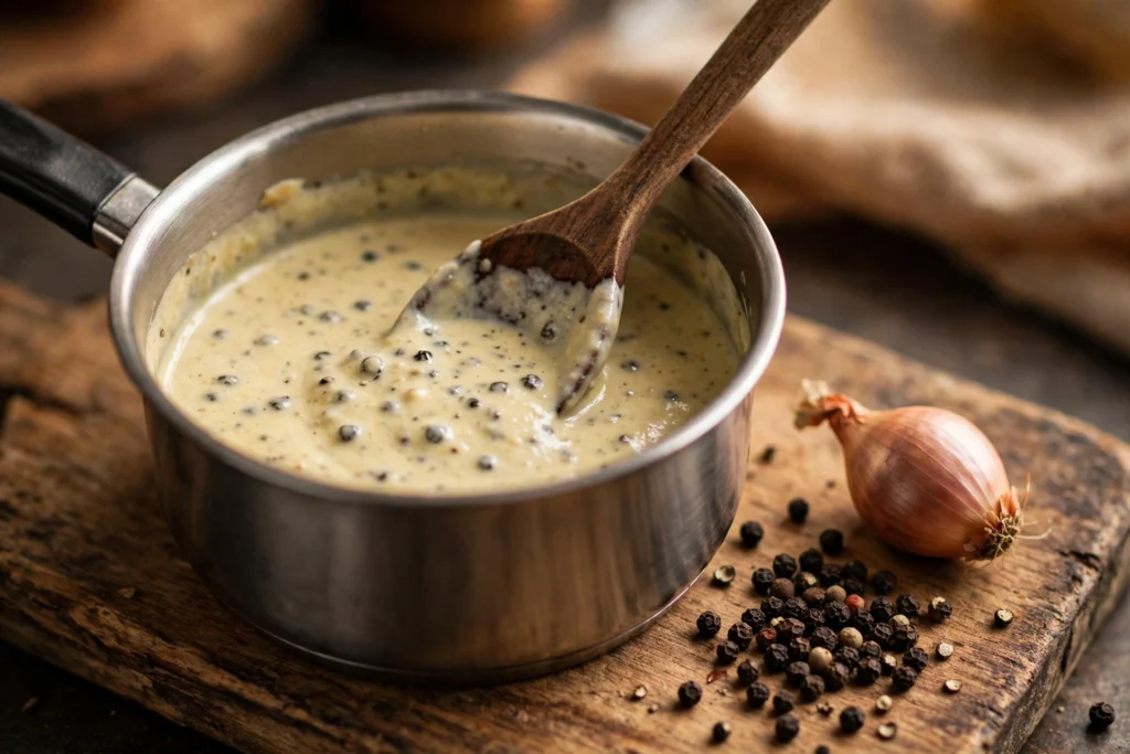 Saucepan of peppercorn sauce recipe simmering