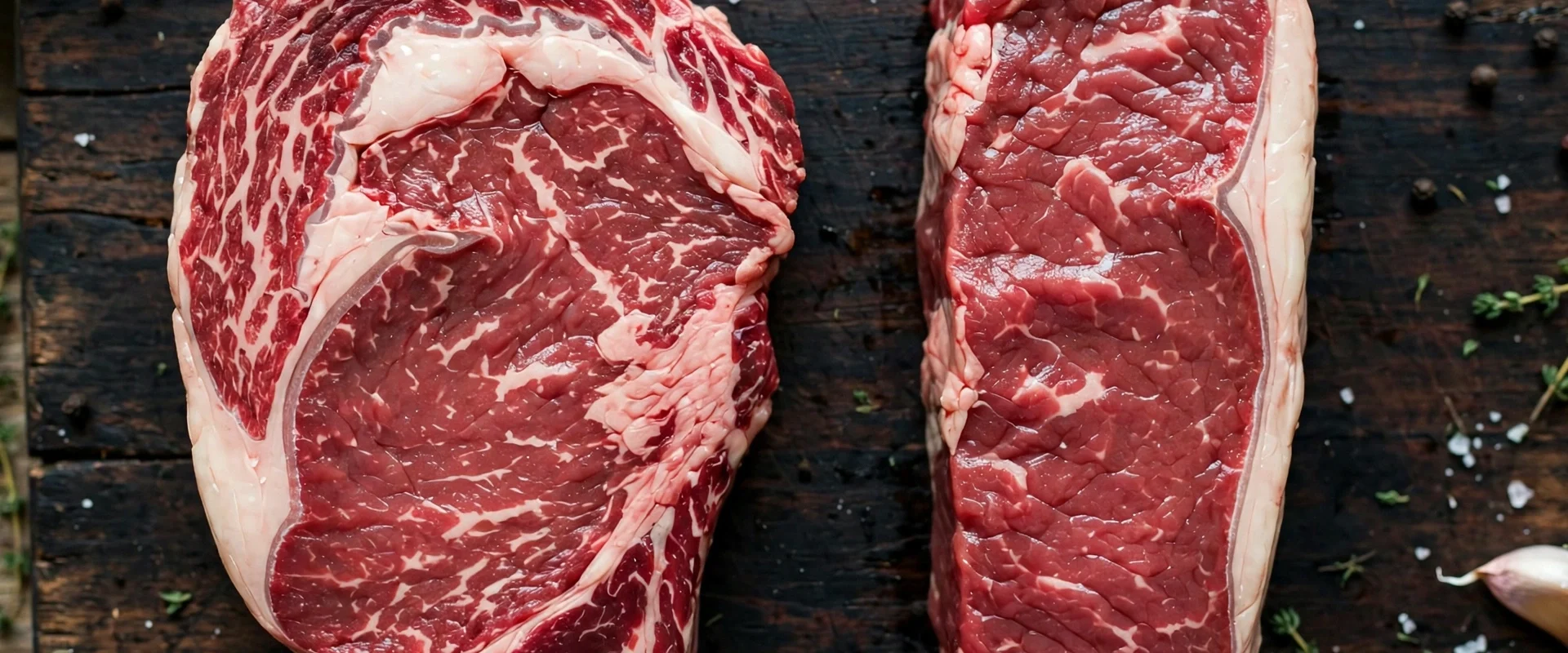 Ribeye steak vs New York strip raw comparison on a cutting board