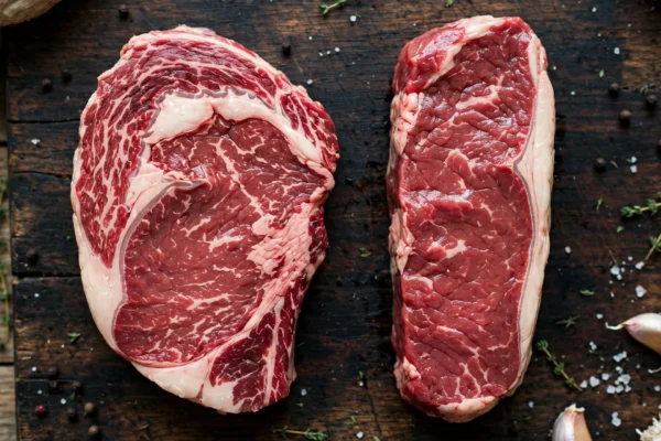 Ribeye steak vs New York strip raw comparison on a cutting board