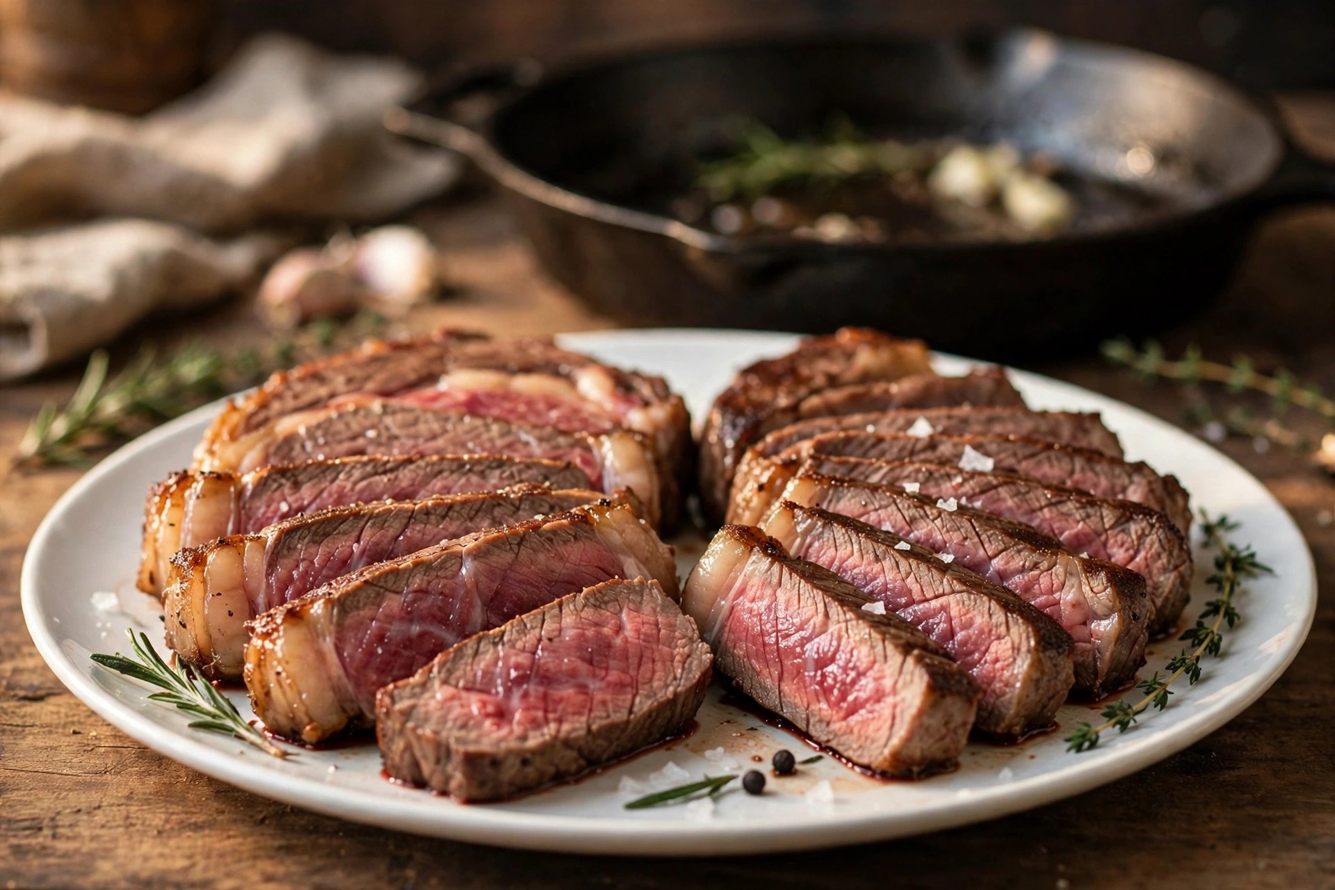 Sliced ribeye steak vs New York strip showing juicy medium rare centers
