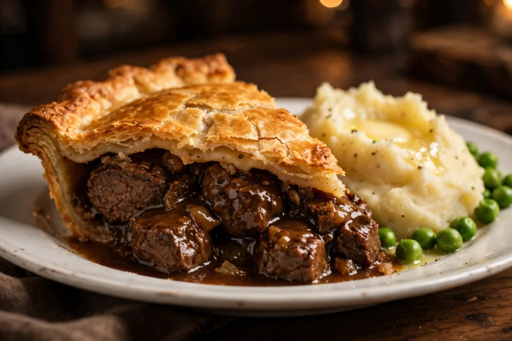 slice of steak and ale pie with tender beef in ale gravy