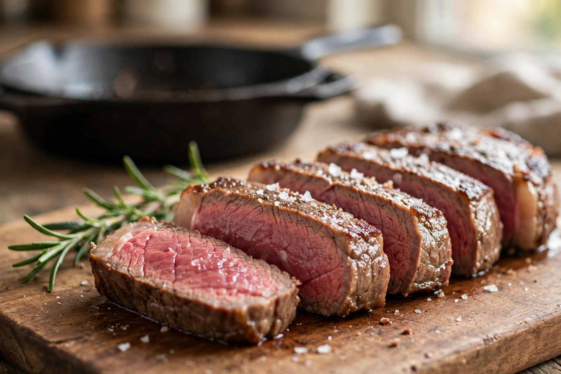 Sliced medium rare steak cooked from frozen showing pink center